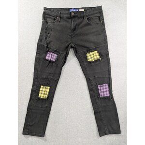 GS-115 Jeans Mens 36x32 Black Distressed Patchwork Skinny Fit Plaid Punk Style